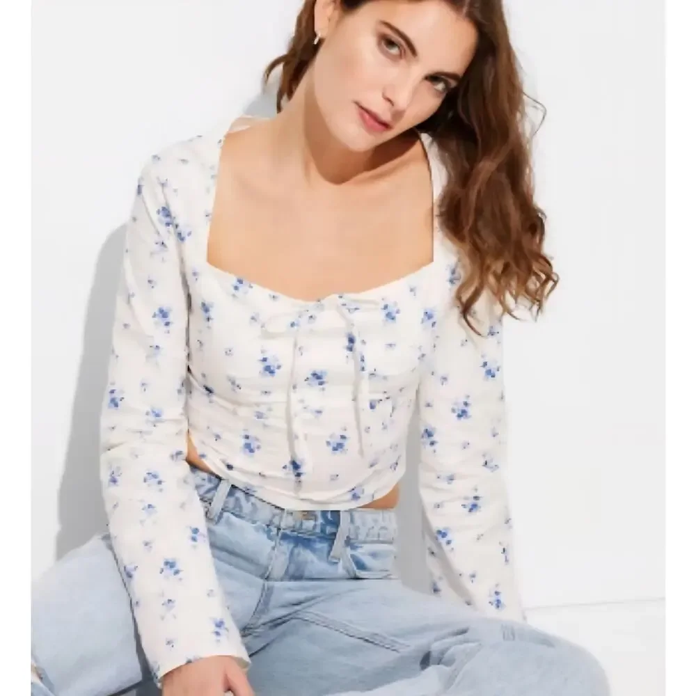 NWT XXL floral milkmaid crop peasant midi top long sleeve cottagecore coquette - Picture 2 of 10